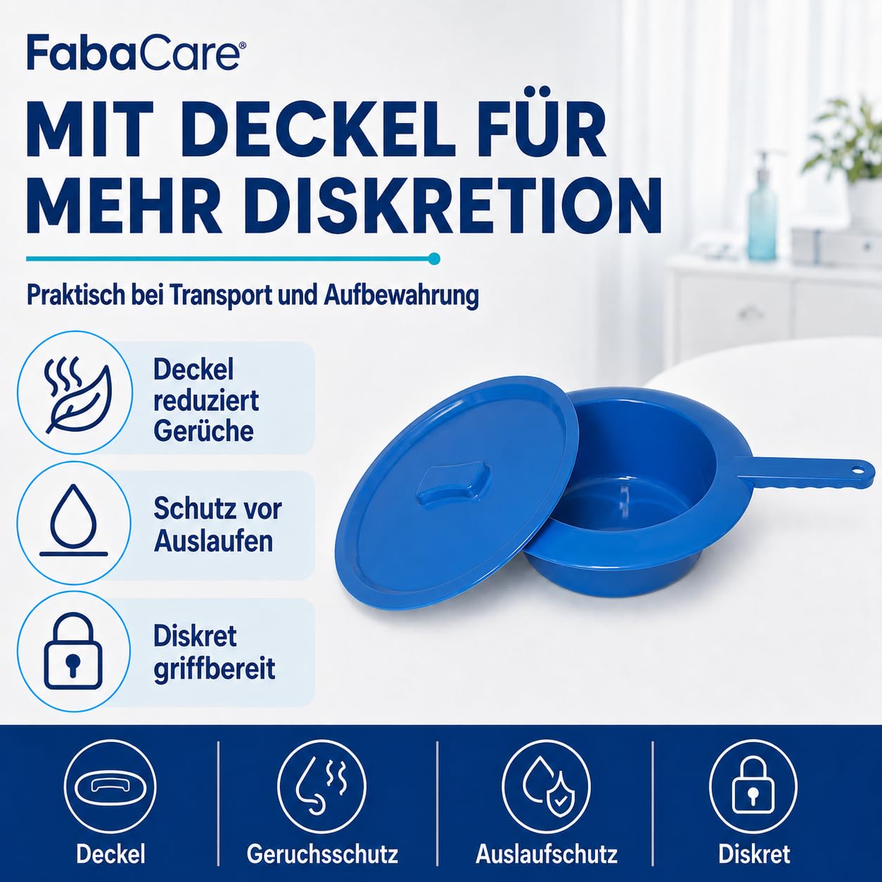 FabaCare Bettpfanne mit Deckel blau für Erwachsene | Stechbecken aus Kunststoff mit Griff, 30 cm Durchmesser, 8 cm Höhe, für Pflege, Klinik und Zuhause