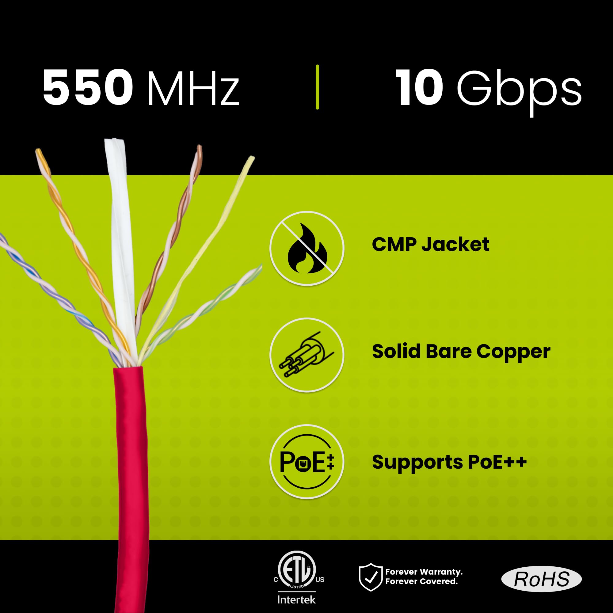 trueCABLE Câble Ethernet Cat6 Plenum (CMP) - 304,8 m - Rouge - 23 AWG - 4 paires de cuivre nu - 550 MHz - Certifié ETL - Paire torsadée non blindée (UTP)