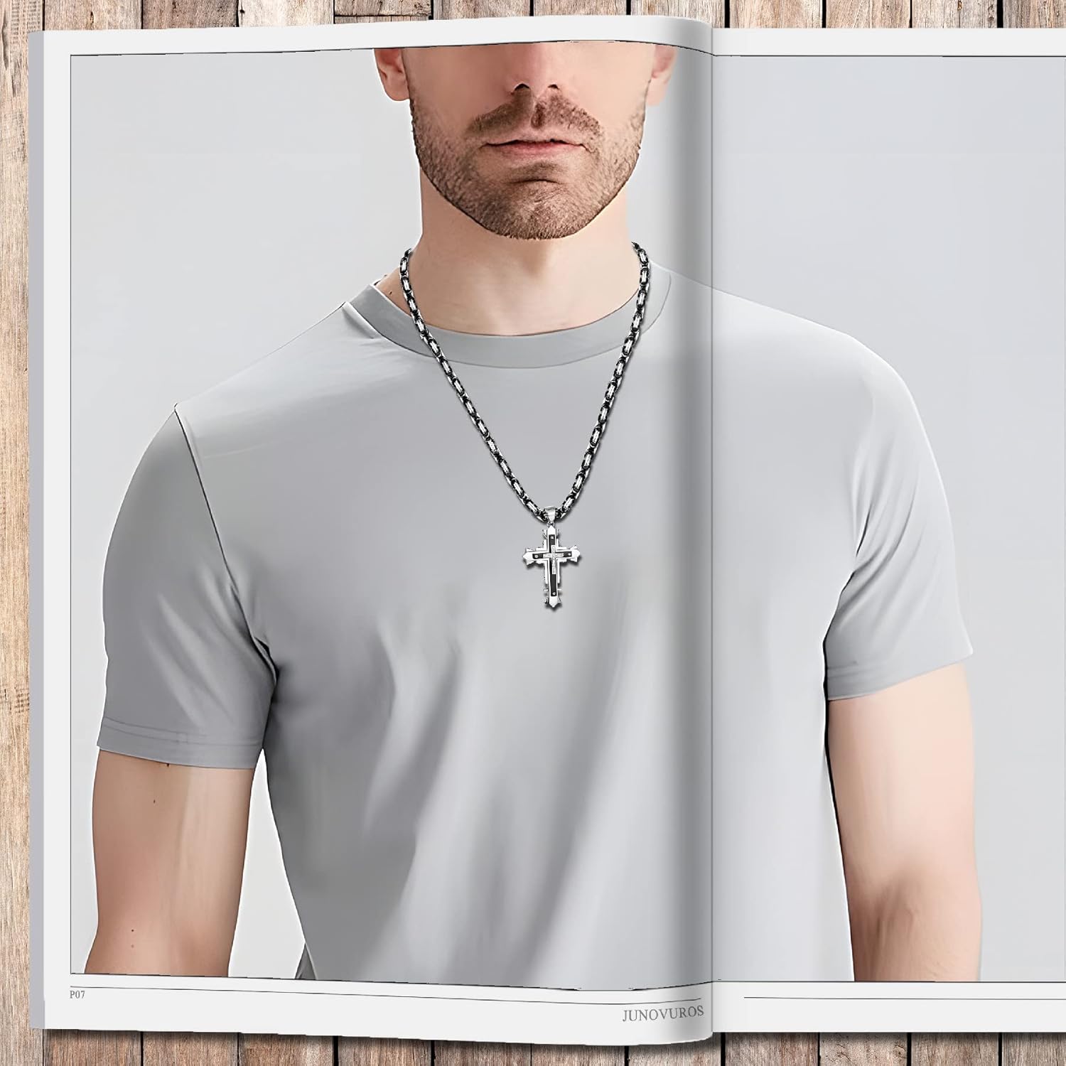 JUNOVUROS Stainless Steel Jesus Christ Cross Pendant Necklace for Men, 20 to 28 In Rolo/Byzantine Chain, 2 Sizes of Religious Jewelry with Silver/Gold/Black