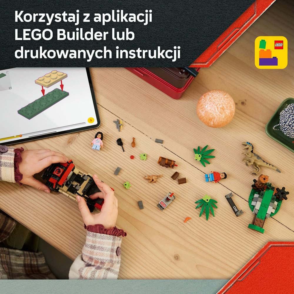 LEGO Jurassic World Ucieczka terenówką przed raptorem, zabawka dla dziecka, dla chłopca i dziewczynki, figurka welociraptora, pomysł na prezent dla miłośników dinozaurów w wieku od 6 lat 76972