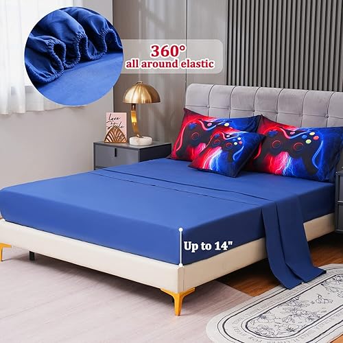 Miniatura 4 de 6 piezas de ropa de cama de tamaño completo para niños, conjuntos de edredón con diseño de rayos, rojo y azul, con sábanas