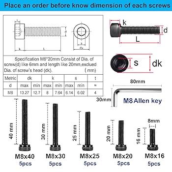HanTof 25PCS Hex Socket Head Cap Screws Bolts M8 x 16/20/25