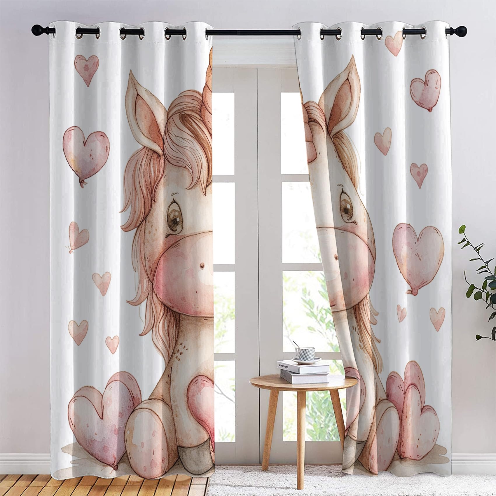 Rideau Occultant Licorne - Rideaux Thermiques à Oeillets - Rideaux Imprimé Motif Enfants Filles pour Salon Chambre Fenetre - Lot de 2 Rideaux et Draperies Intérieurs - 75x166 cm (L x H)