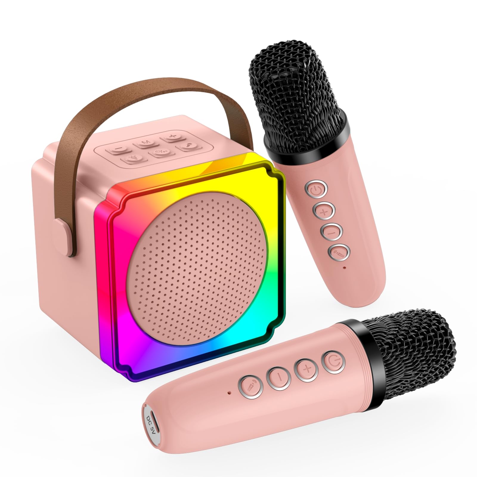 Karaoke Maschine Kinder mit 2 Mikrofon von MMOBIEL – Mini Karaoke Maschine, Tragbare Bluetooth Lautsprecher, 2 Mikrofon Kabellos – Spielzeug 3+ Jahre, Geschenke für Mädchen, Junge, Kinder – Rosa