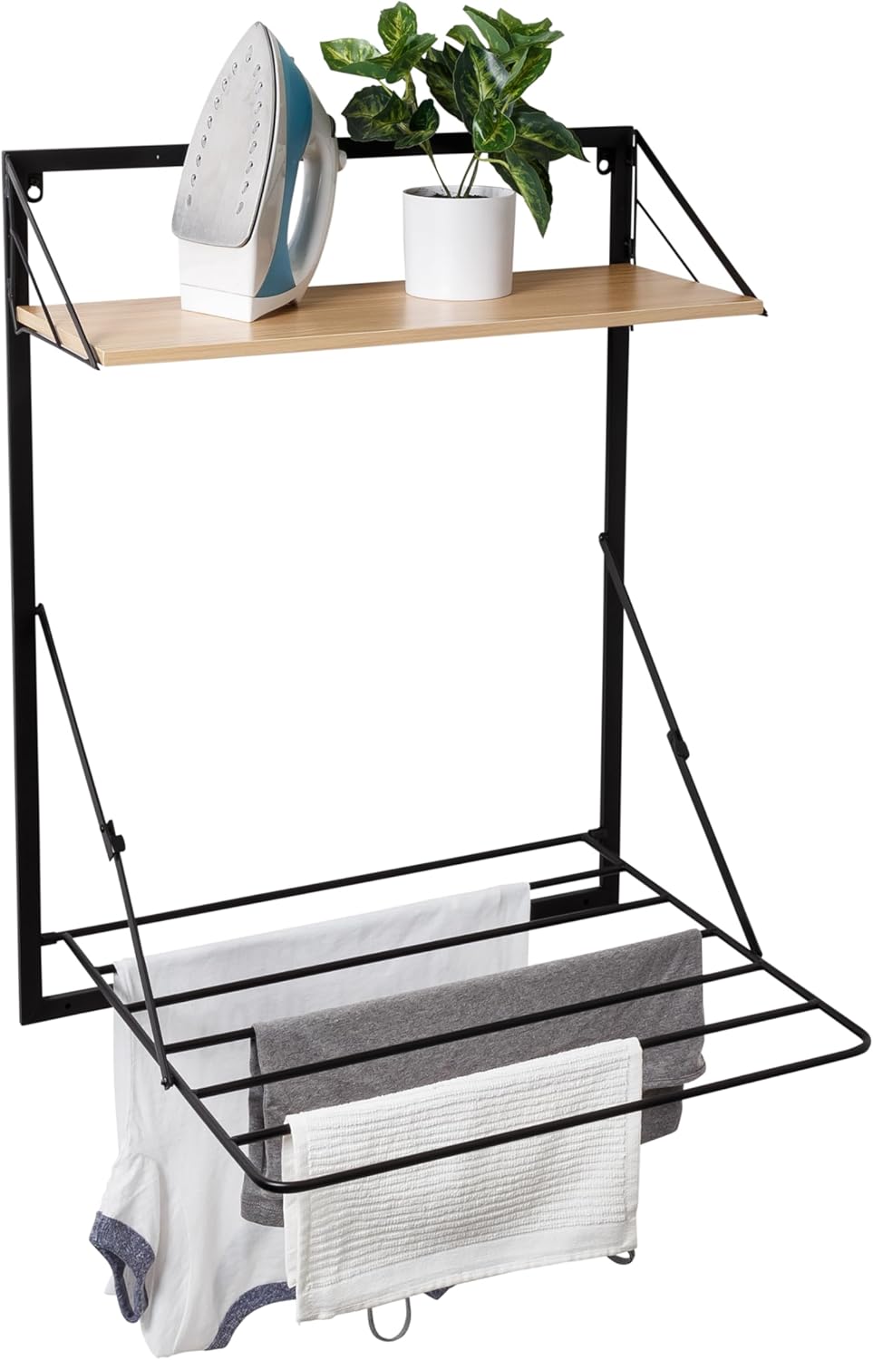 Honey-Can-Do Wall-Mount or Over-The-Door Compact Collapsible Drying Rack with Extra Shelf, Black & Oak