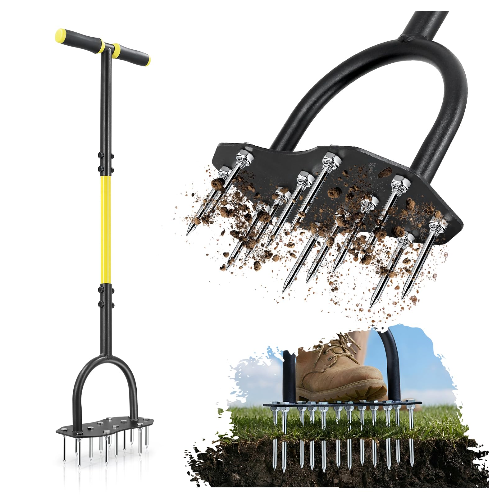 Jardineer Aeratore per prato, aeratore manuale con 12 punte in acciaio ispessite, aeratore pre-assemblato per allentamento del terreno e aerazione del cortile in prato, cortile e giardino