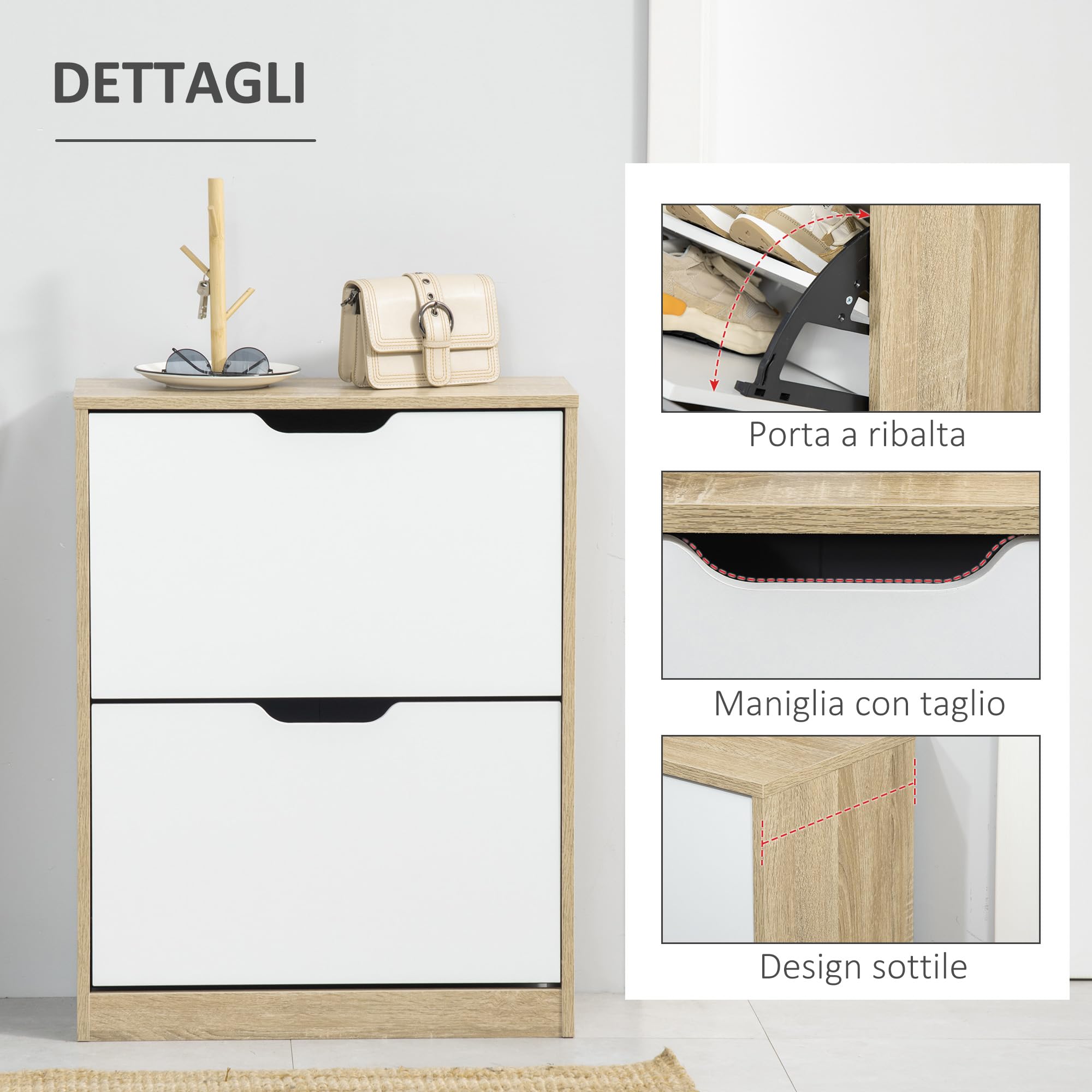 HOMCOM Scarpiera Salvaspazio Slim con 2 Ante a Ribalta, Scarpiera Ingresso con Ripiani Regolabili, Porta Scarpe per 8 Paia con Maniglia a Incavo, 62.5x26x81 cm, Color Legno e Bianco