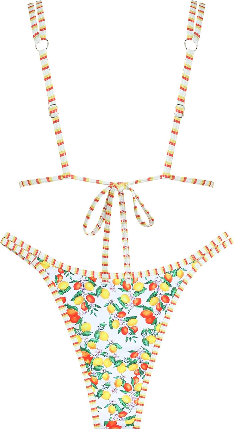 ZAFUL Women's Floral Bikini Set Color Block Double Spaghetti Strap High Cut Swimsuit Two Piece Bathing Suits