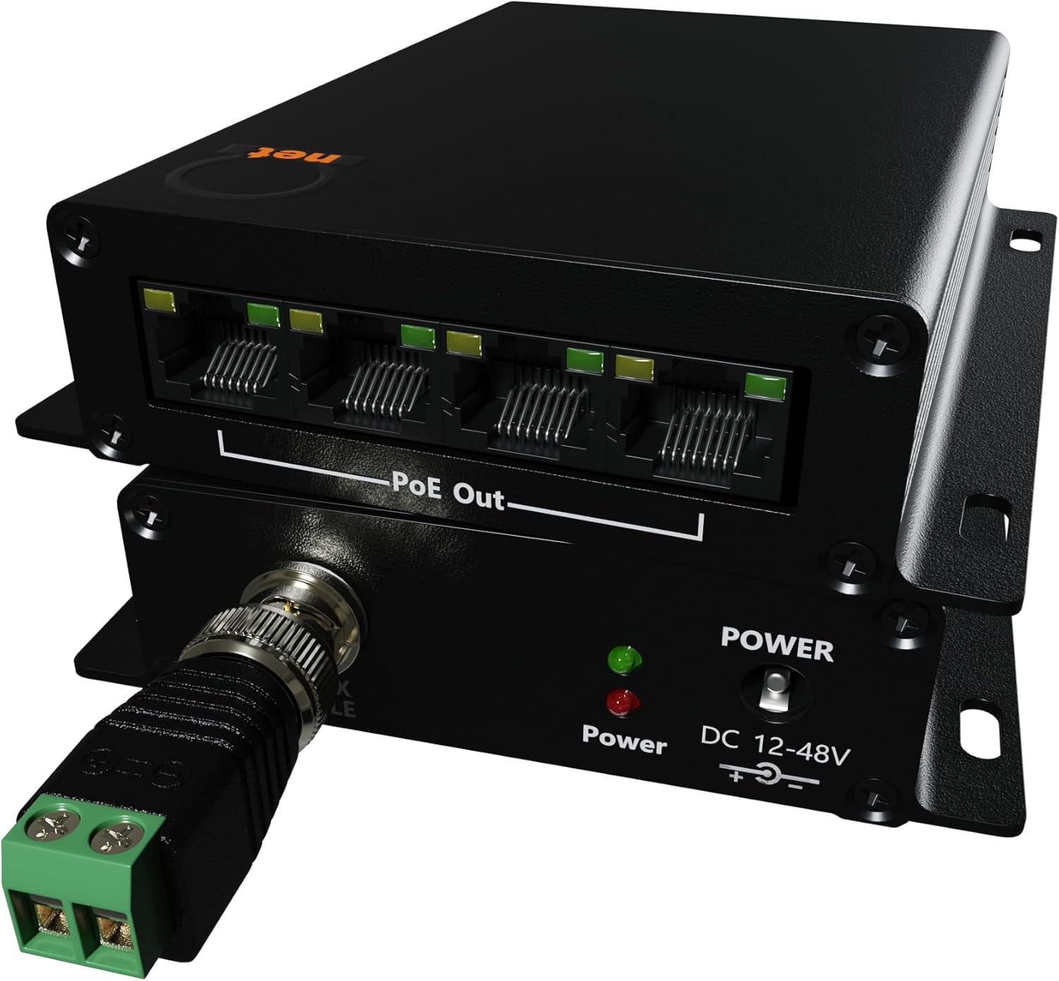 High Distance 4 Port 1000m 3280ft PoE LAN Extender Over Twisted UTP kit BNC or Copper Wire – PoE Camera or Any Remote Ethernet Device Repeater Booster Bridge - PoE Distance 500m - BNC Adapter in Set