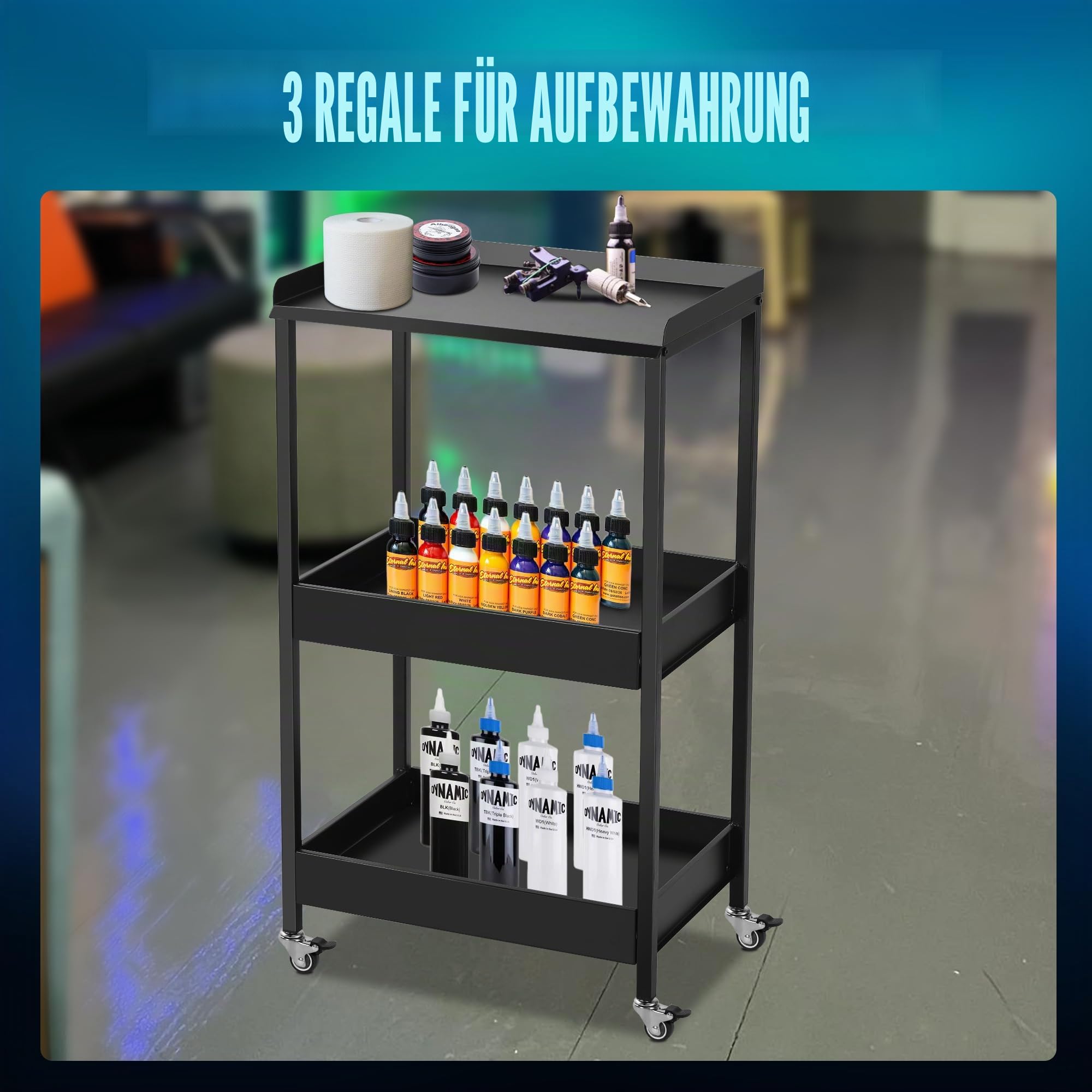 POARMEEY 3-stufiger Tattoo-Trolley-Halterständer mit Ablage und Werkzeugaufbewahrungsplattform, Rollwagen auf Rädern