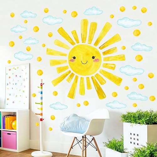 Calcomanías de pared grandes de acuarela con diseño de nubes y lunares para habitación de niños, 12 hojas de calcomanías de decoración de pared con