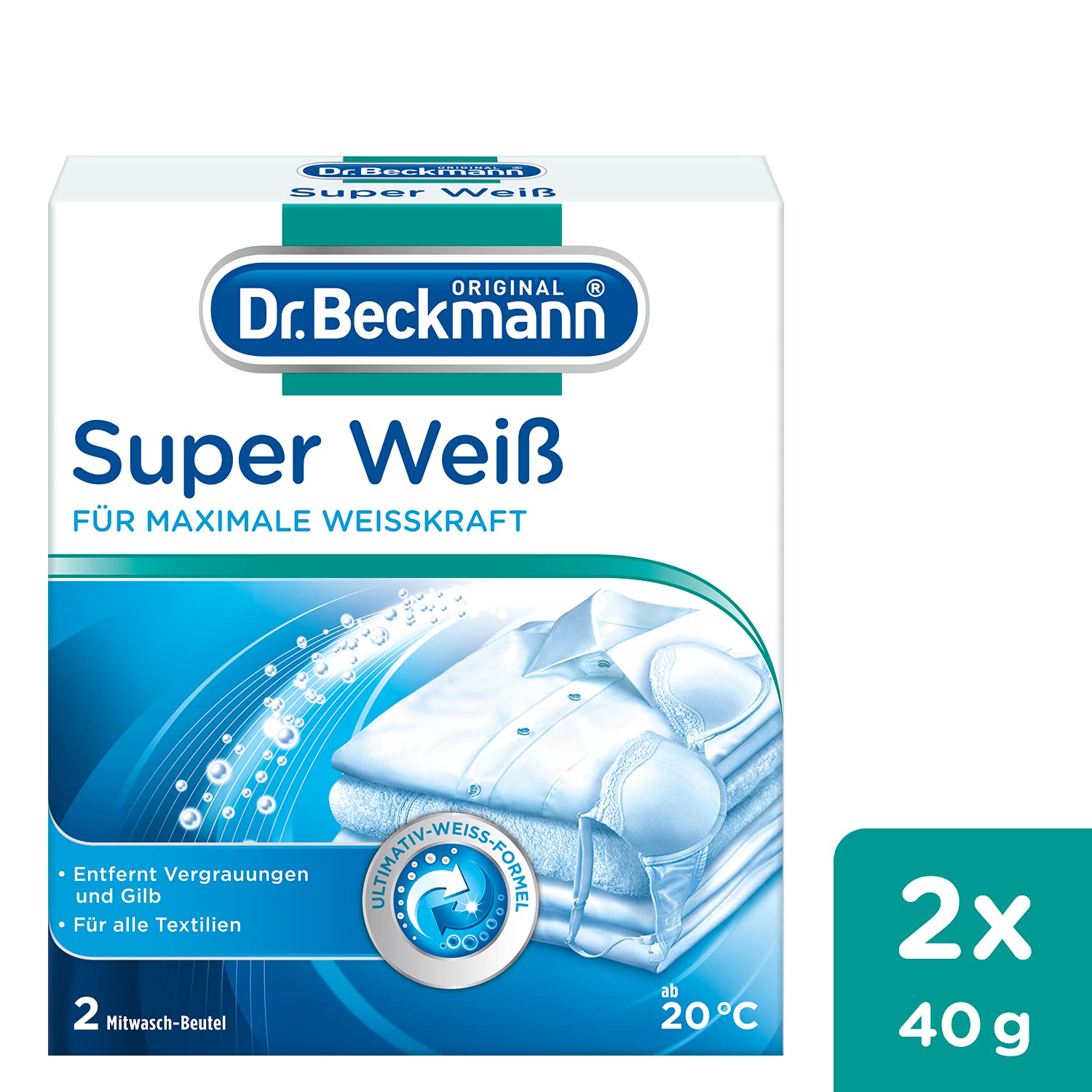Dr. Beckmann Super biały | usuwa szary welon | pomaga zapobiegać żółknięciu | pranie znów staje się promiennie białe | 16 x 40 g