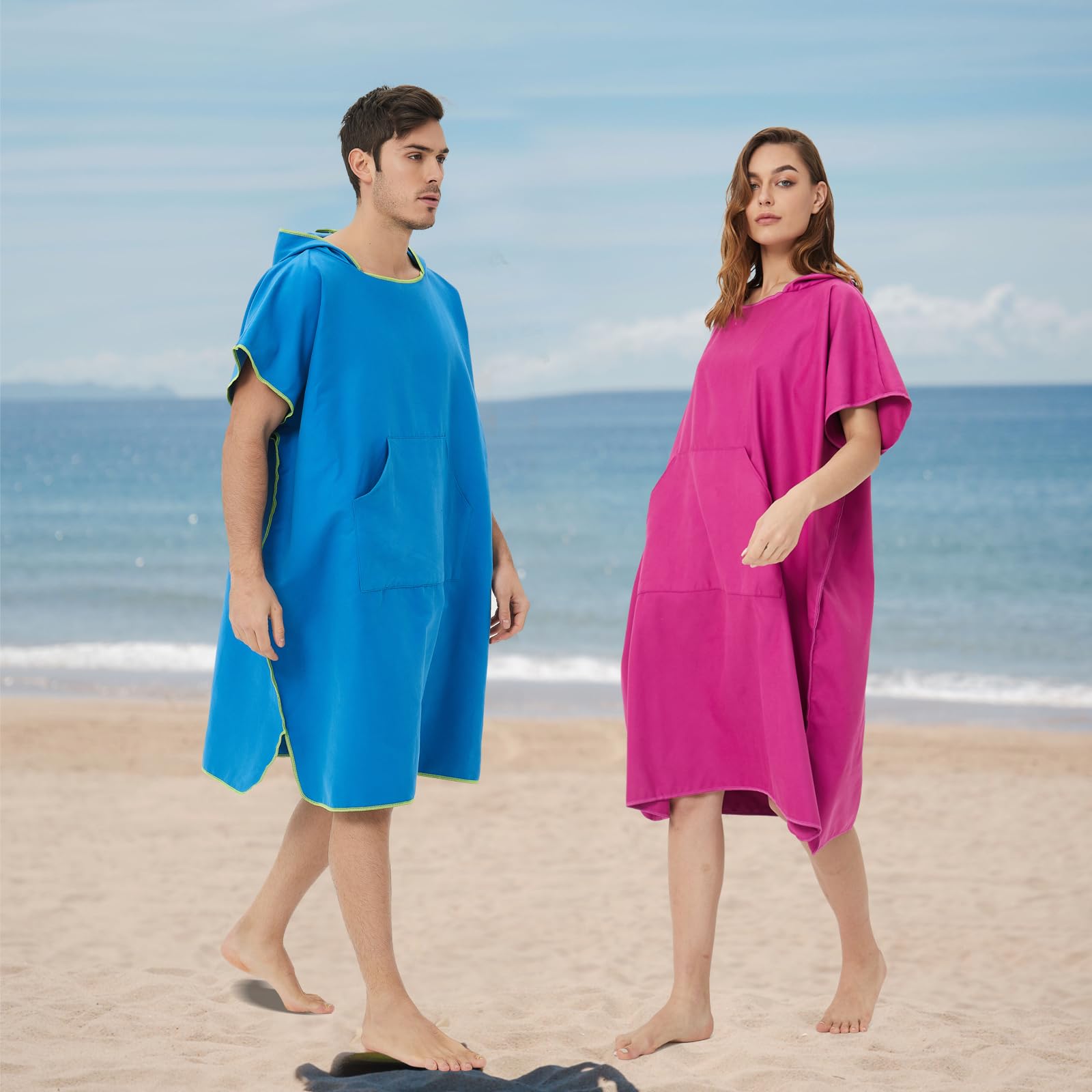 Poncho de Surf, 110 x 90 cm, Toalla de Poncho Adultos Microfibra con Capucha Bolsillo, Poncho Playa para Cambiar Mujer Hombre, Albornoz Natacion para Deporte Acuático Baño, Secado Rápido (Azul)