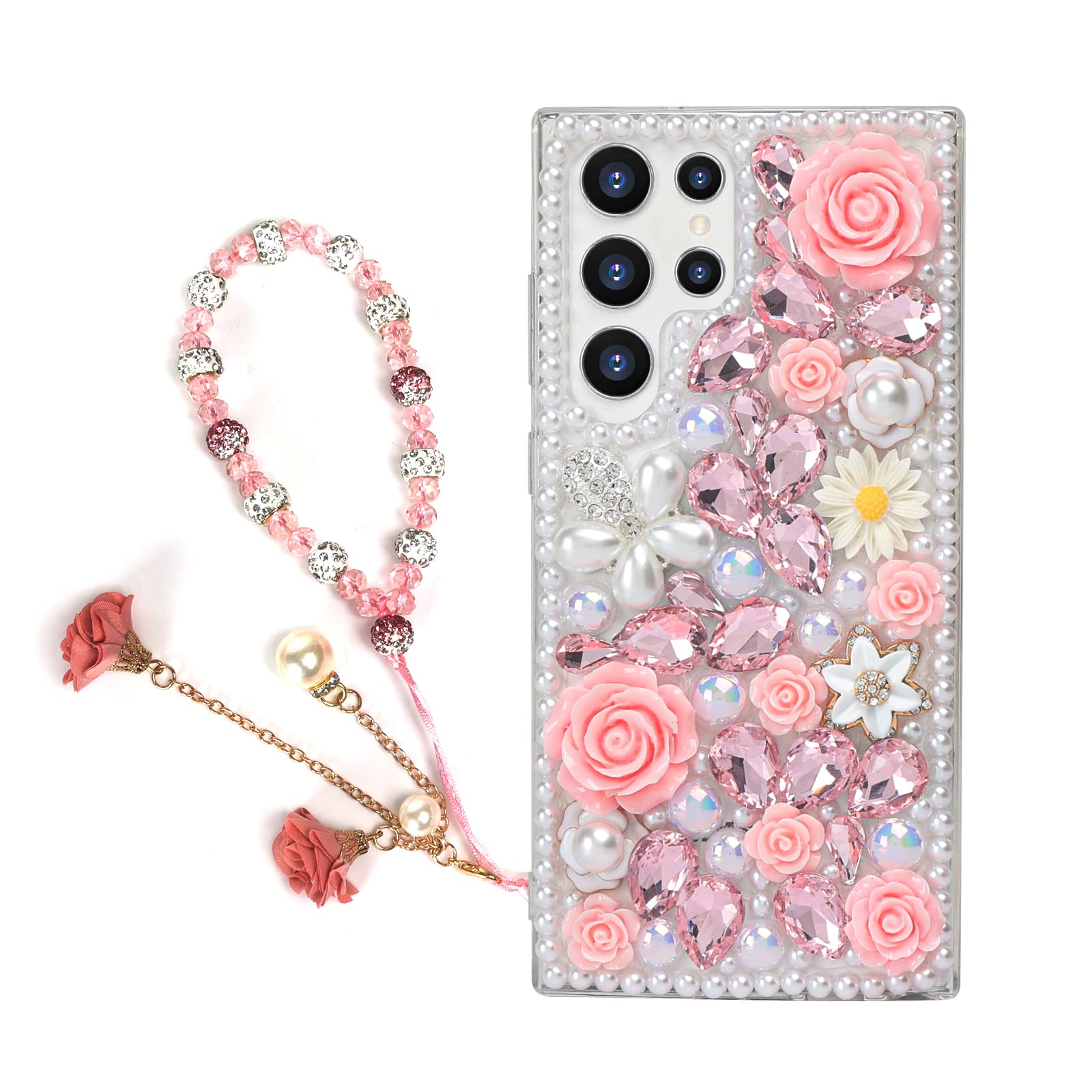 Omorro for Galaxy S23 Ultra Bling Case with Strap, Luxury Glitter Rhinestone Diamond Crystal Sparkle Rose Flower Pearl Floral Bracelets Soft Bumper