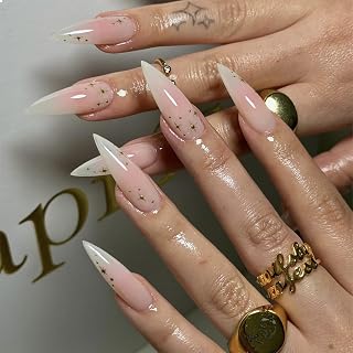 GlamRays Pressing Nails Long Stiletto Fake Nails Shiny Gluing Nails Sharp Almond Acrylic Nails Pink Ombre Artificial Nails Bling Star Stickers Fake Nails