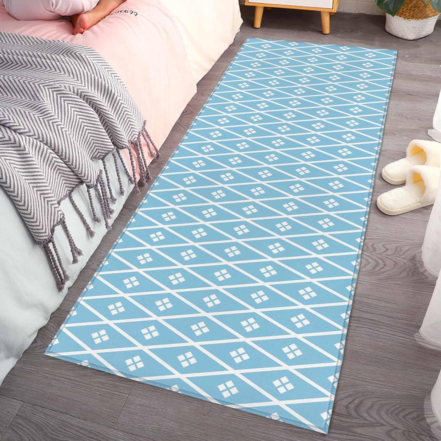 Teamery Kitchen Mats for Floor Boho Blue White Plaid Line Washable Non Slip Kitchen Rugs 1PCS, Abstract Geometric Diamond Absorbent Standing Mats for Sink Bathroom Office Living Room 15.7x47.2in