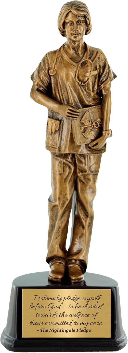 SHOP AWARDS AND GIFTS 10-1/2 Inch Female Nurse Antique Gold Hand Painted Resin Trophy, for Women Healthcare Workers, Detailed Sculpted, Gift of Recognition, with Customized Engraving Plate Included