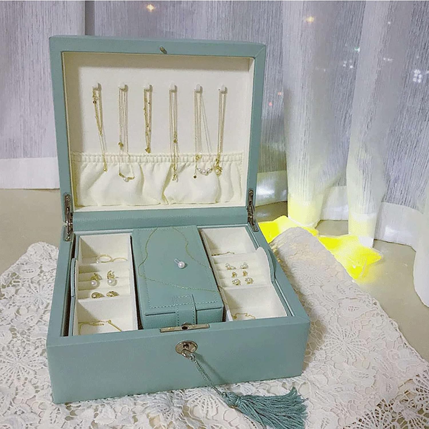 Jewelry Box Organizer 2 Tier Large Capacity Jewelry Box Pu Leather Jewelry Organizer with Mirror & Lock Earring Ring Necklace Storage Box