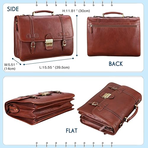 Miniatura 6 de Banuce Maletín de cuero curtido vegetal italiano vintage de grano completo para hombres, maletín con candado profesional de 14 pulgadas para laptop