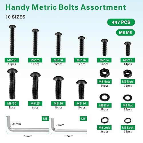 Miniatura 2 de Juego surtido de 447 tuercas y pernos métricos, surtido de tornillos M6 M8, varios tornillos de máquina, tuercas y arandelas con llaves hexagonales,