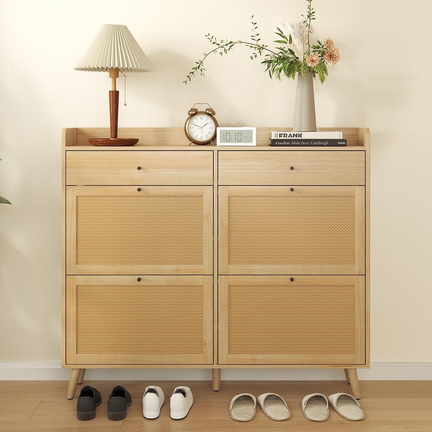 Rattan Shoe Cabinet Storage for Entryway with 4 Flip Drawers and 2 Drawer, Farmhouse Narrow Shoe Rack Organizer Hidden Shoe Rack Drawer for Entrance Entry Way, 46.65 x 9.45 x 43.31 Inches
