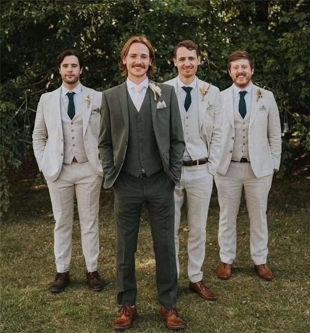 Mens Linen Suit Summer Wedding Suits Slim Fit 3 Piece Groomsman Blazer Formal Prom Tuxedo