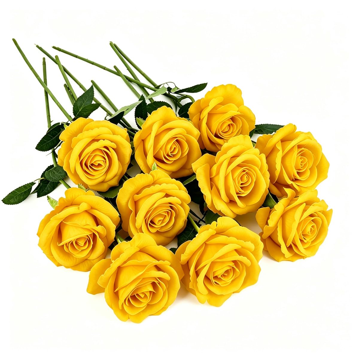 LJYING 10 Pcs Artificial Roses Velvet Flowers, Single Long Stem Fake Rose Bridal Bouquet - Faux Flowers For Wedding Home Party Garden Decor (Yellow)