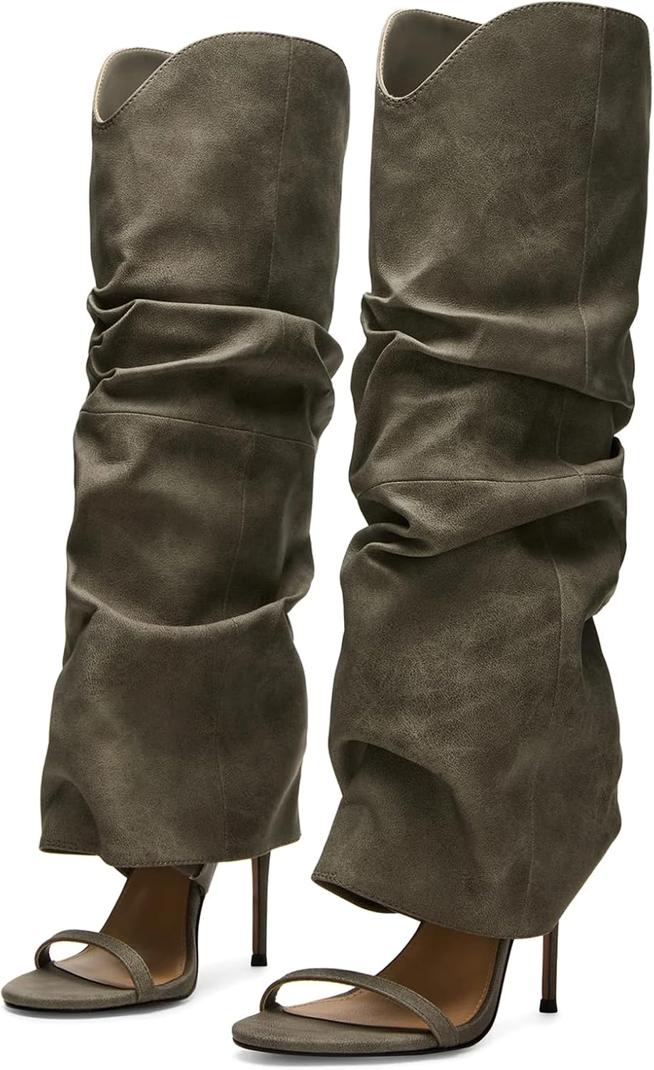 Yishaweiqi Women Slouched Ruched Heels - Wide Calf Comfort