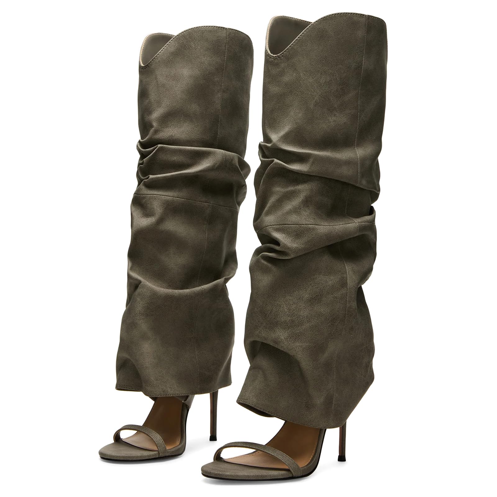 Yishaweiqi Slouched Ruched Knee High Heels for Women Pull On Wide Calf Sandals Round Open Toe Stiletto Heels