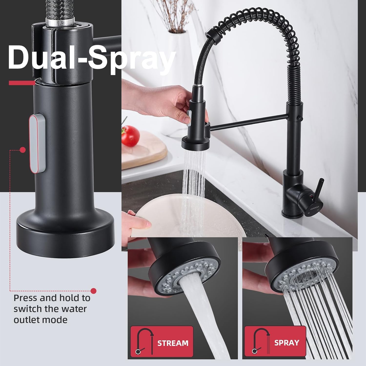Cobbe Grifo de cocina negro, mezclador de fregadero de resorte con spray