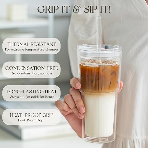Miniatura 6 de KEMORELA 2 vasos de vidrio de doble pared de 20 onzas con tapas y popotes, vasos de vidrio de borosilicato aislados para café con leche helado,