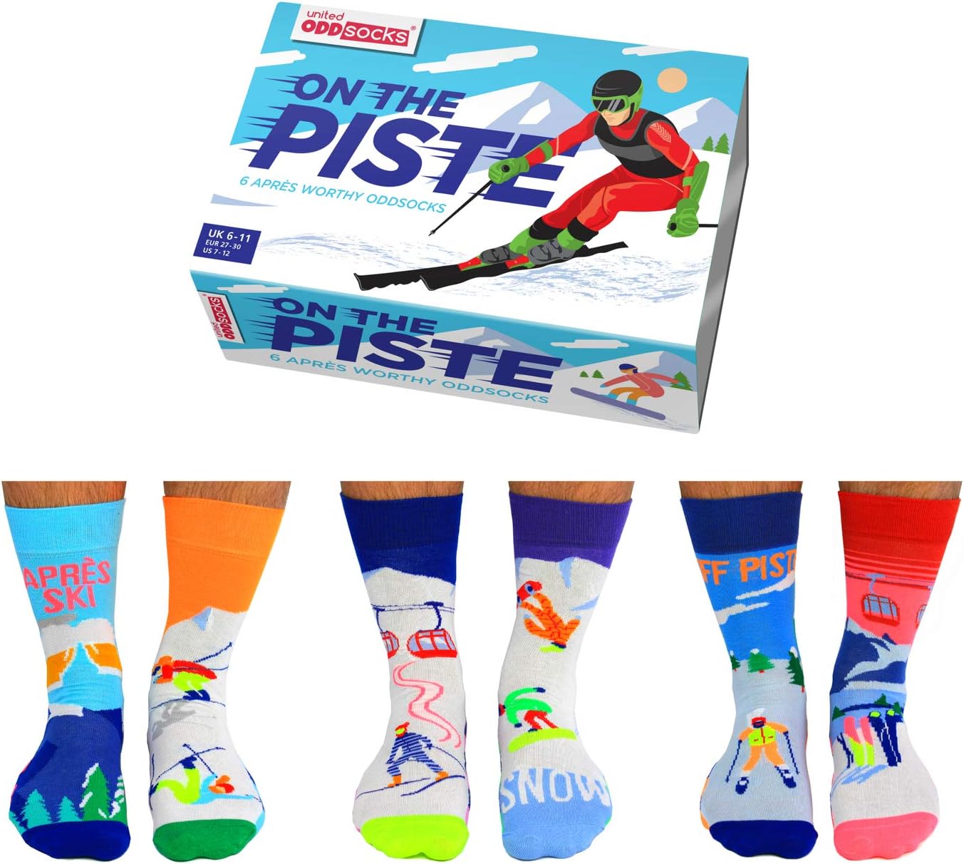 On The Piste Box of 6 Mens Oddsocks Size 7-12
