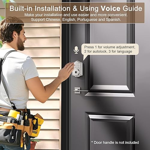 Miniatura 3 de 52HZ Cerradura de puerta de huellas dactilares, cerradura de puerta de entrada sin llave con código, guía de voz con teclado electrónico, cerraduras