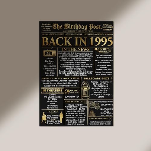 Miniatura 4 de Stuff4 Póster dorado de cumpleaños número 30 sin marco, periódico dorado nacido en 1995, feliz cumpleaños 30 para hombres y mujeres, regalos retro