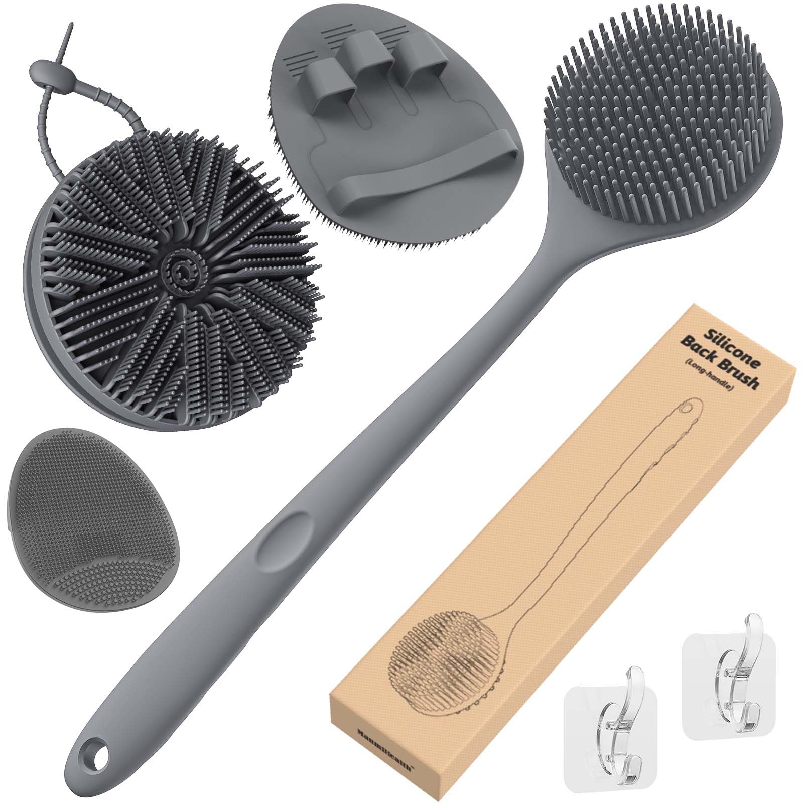 Manmihealth Zestaw silikonowej myjki do pleców i miękkich rękawiczek kąpielowych, 4 szt. (cienkie włosie), super złuszczający peeling do ciała i super spieniająca się szczotka do twarzy pod prysznic,