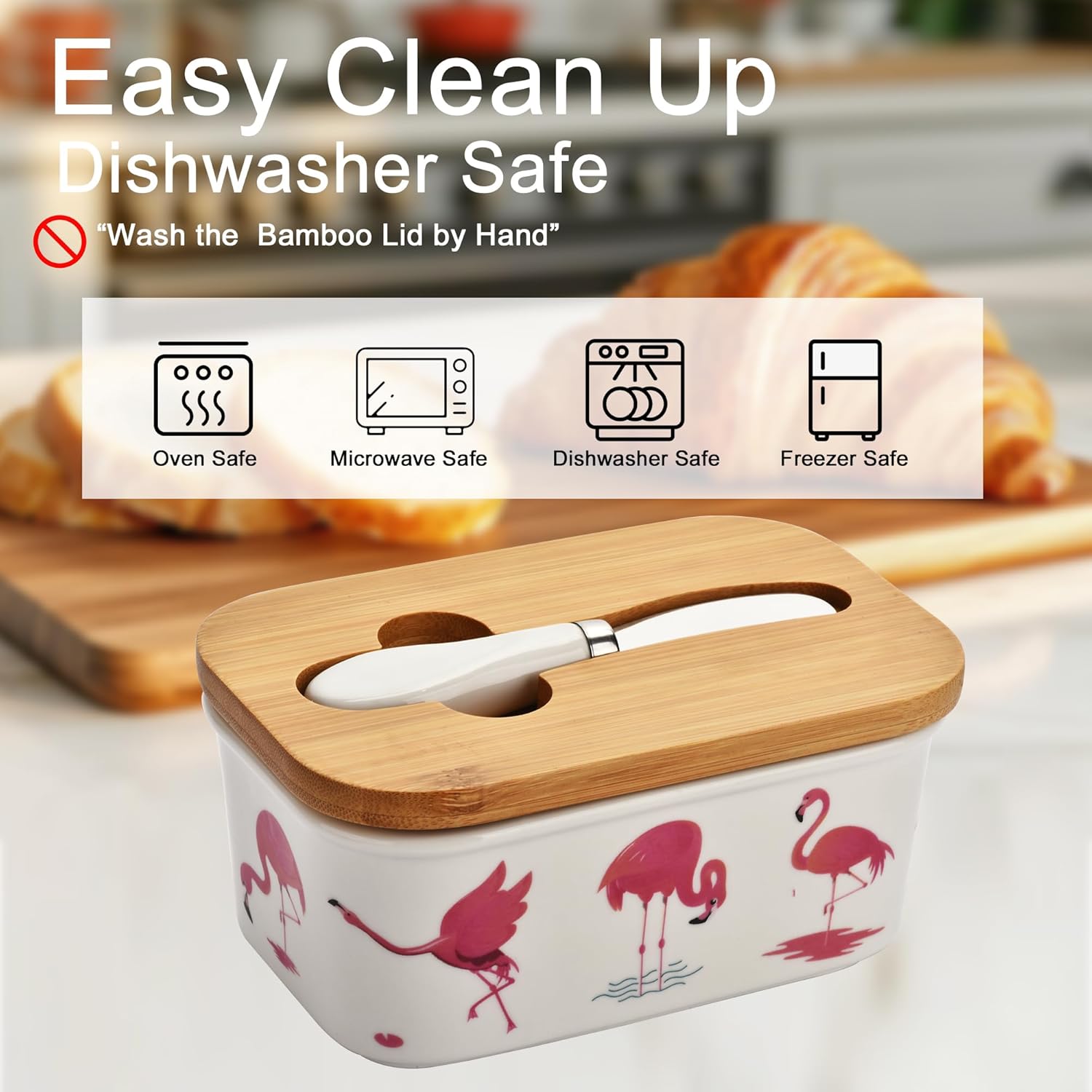 Cute Flamingos Large Butter Dish with Lid for Countertop,Ceramic Covered Butter Holder with Knife for Fridge, Airtight Butter Keeper Container Storage for East West Coast Butter,White