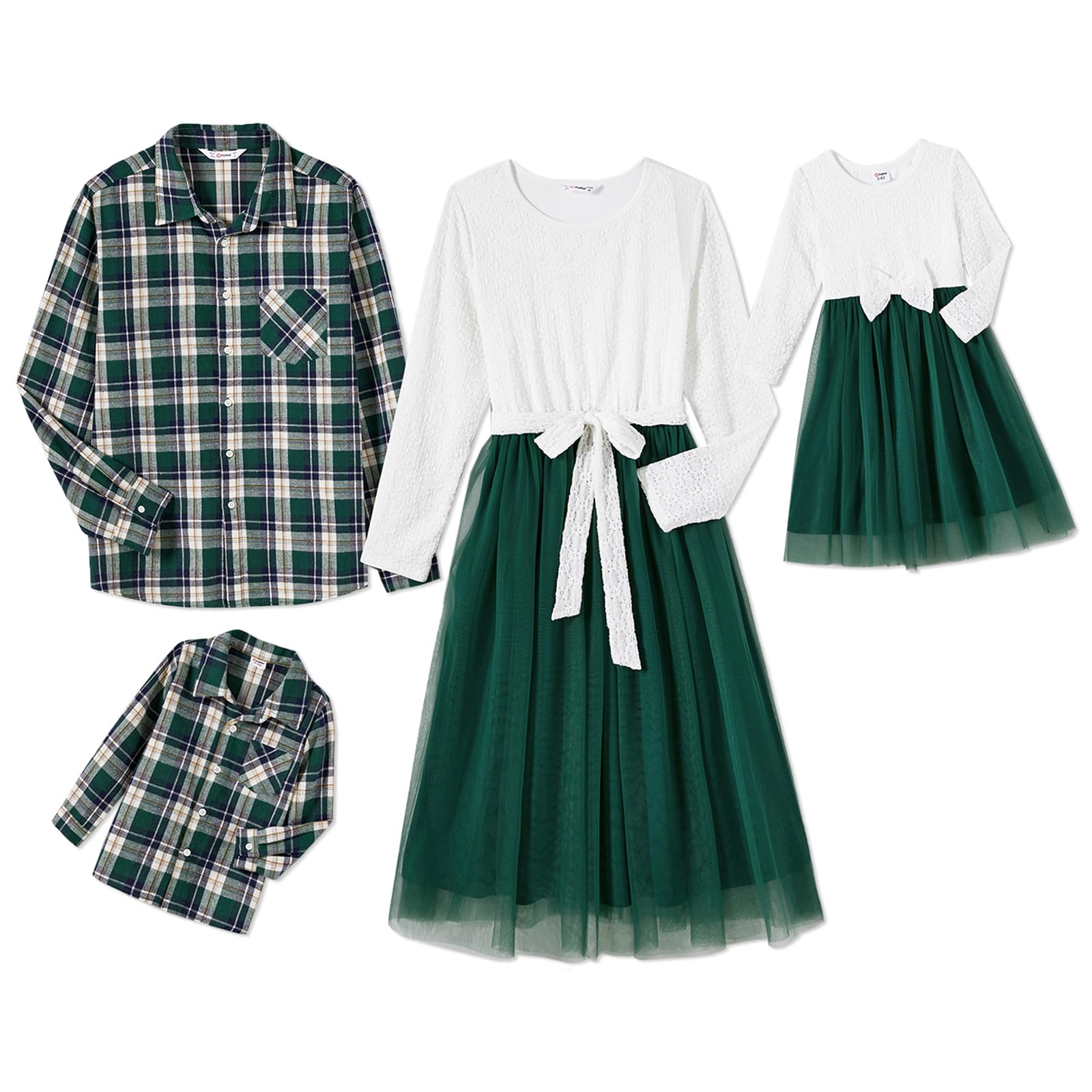PatPatFamily Matching Outfits Mommy and Me Dresses Matching Set Long Sleeve Tulle Mesh Dress Buffalo Plaid Button Down Shirt