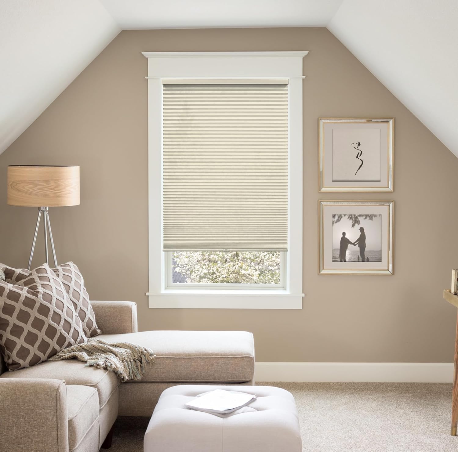 BlindsAvenue Custom ¾” Pleat, Cellular Shades, Color Natural Taupe, Light Filtering Fabric Available in 2 Cordless Lift Systems. Customize to Widths Between 18”-96” Wide & Any Height Between 18”–84”