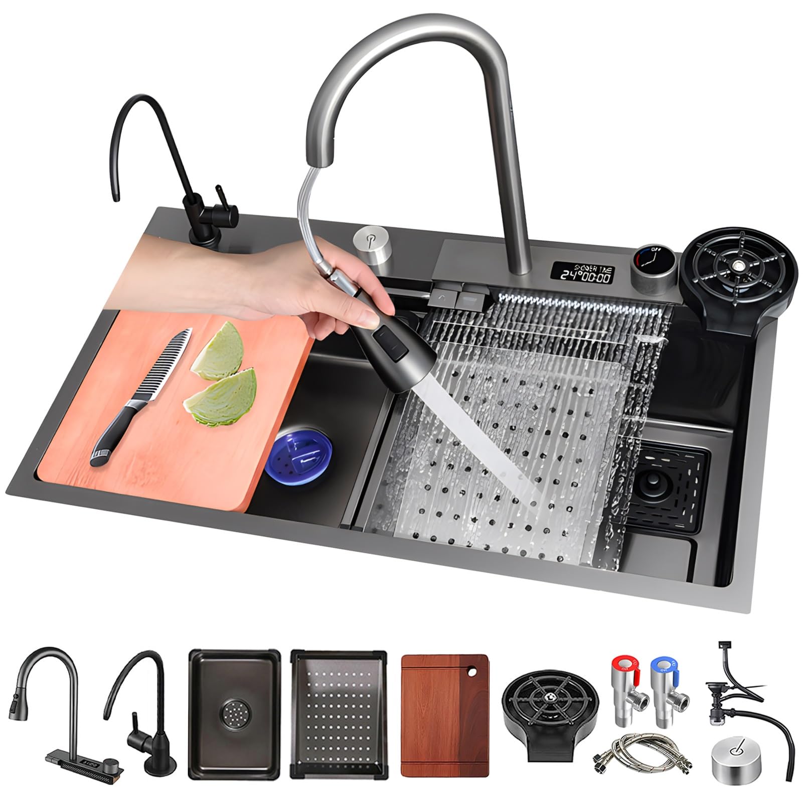 YADZISW Versatile Stainless Steel Kitchen Sink - Large Capacity Single Bowl Waterfall Workstation with Bar Accessory Set (Black 68x45x22cm) for Modern Kitchens