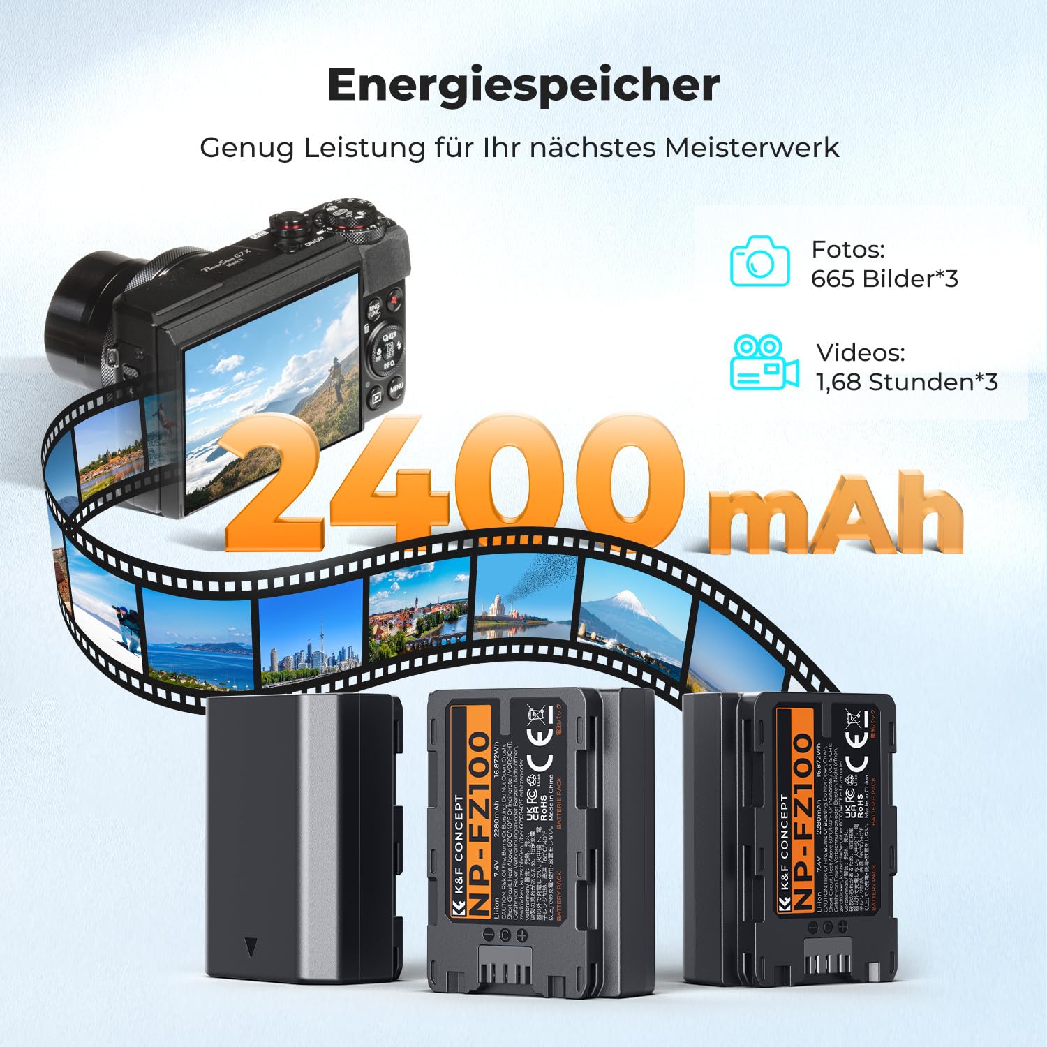 K&F CONCEPT NP-FZ100 Kamera Akkus(3er Pack) mit 20W LED PD Schnellladegerät Kompatibel mit Sony A7iii, A7iv, A7C, FX3, FX30, A9, A6600, A6700, ZV-E1, ZV-E10ii, Alpha 9, A9S, A7R III, A7R IV, A7RV