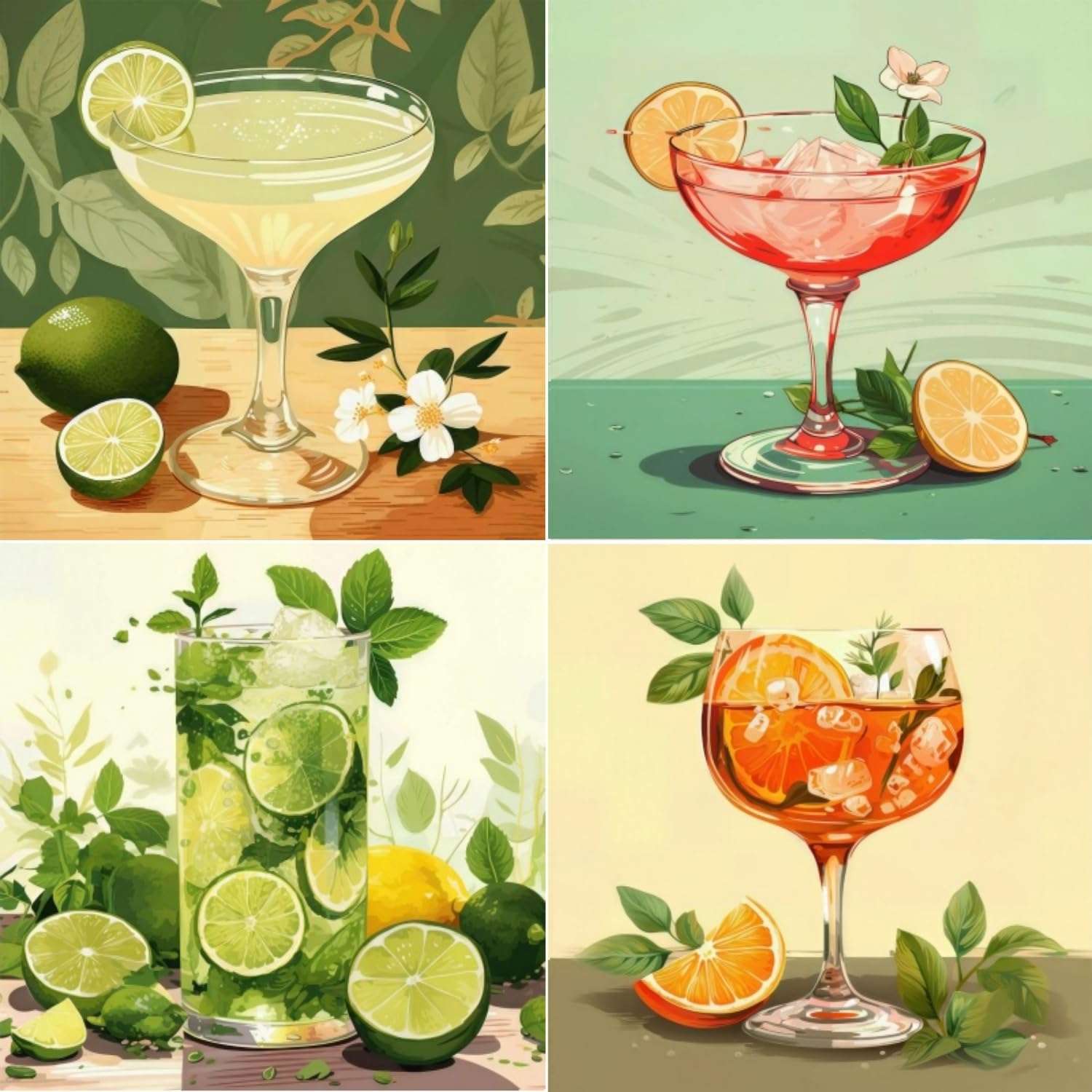 MBYAUYN Malen Nach Zahlen Erwachsene cocktail Pack of 4, DIY Handgemalt Ölgemälde Kit, Paint by Numbers Adult (20x20 cm), Adults and Beginners as Gift, Mit Pinseln und Acrylfarbe