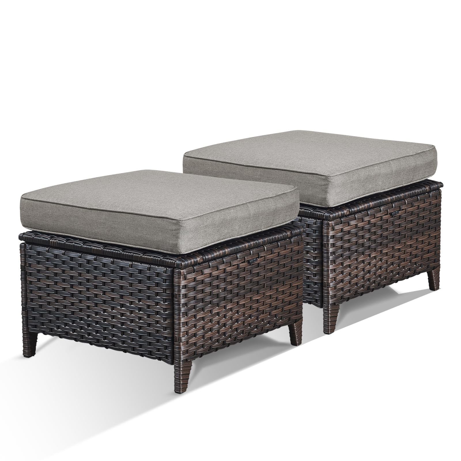 Bellefurn Patio Ottomans Set of 2 Outdoor Ottomans Wicker Foot Stools 2 Piece Footrest PE Rattan Ottomans with Thickened Cushions for Patio Garden Porch Balcony Poolside Deck, Brown|Grey