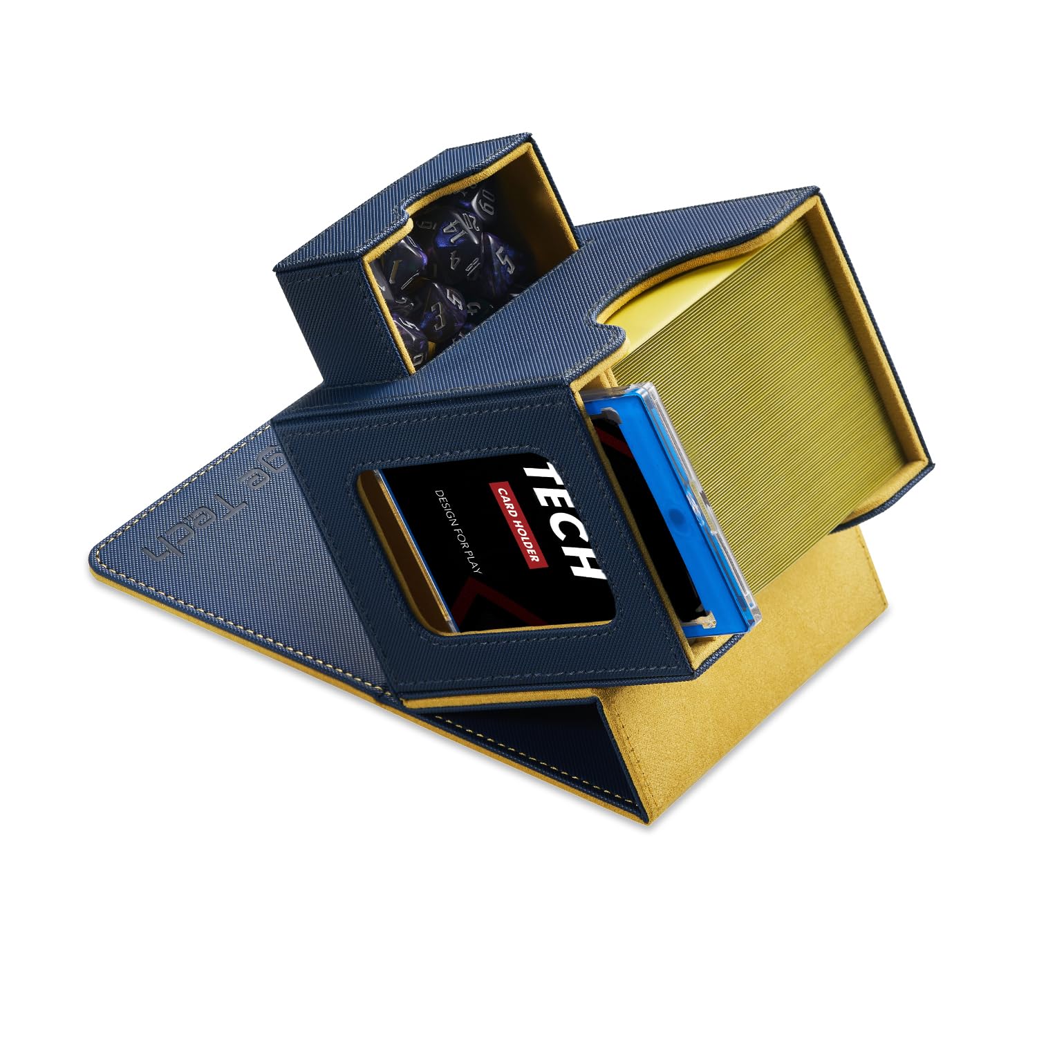 Mage Tech Commander Deckbox für MTG - Patentiertes Design, Commander Display, passt für 100 doppelt eingehüllte Karten, 35pt Magnetkartenhalter & Würfelschale – Blau/Gelb