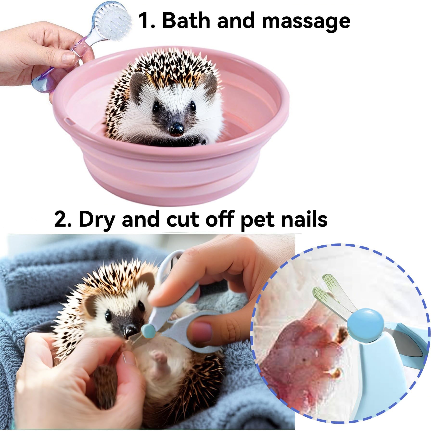 JSLZF Bañera plegable de erizo, 2 piezas de cepillo de baño, cortaúñas para mascotas, toalla de baño, piscina de plástico para animales pequeños, bañera de arena para erizo, conejillo de indias