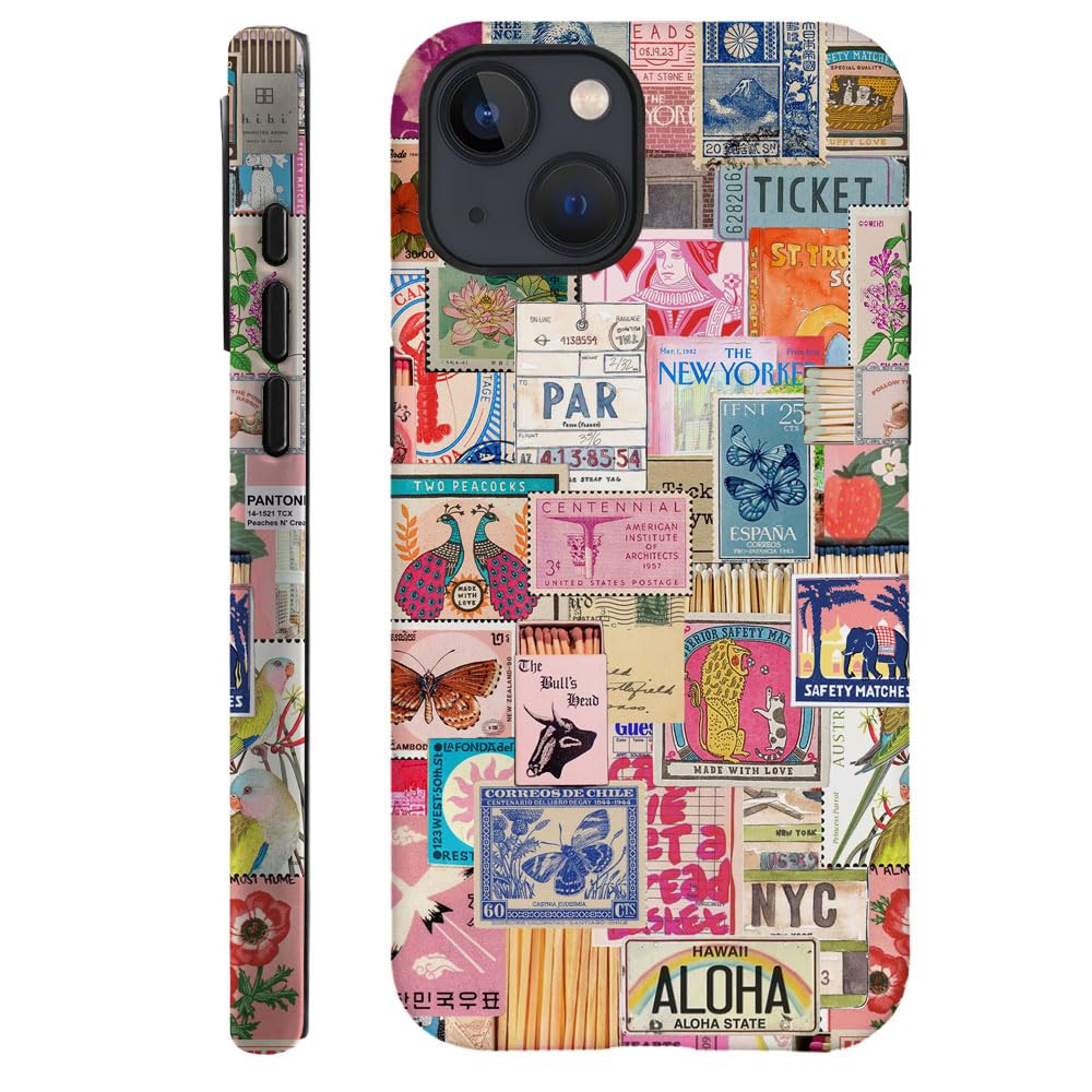 Generic Case for iPhone 14 Plus - Hybrid Durable Shockproof Phone Cover,Cases for Woman Girl - Vintage Stamp Collage Retro