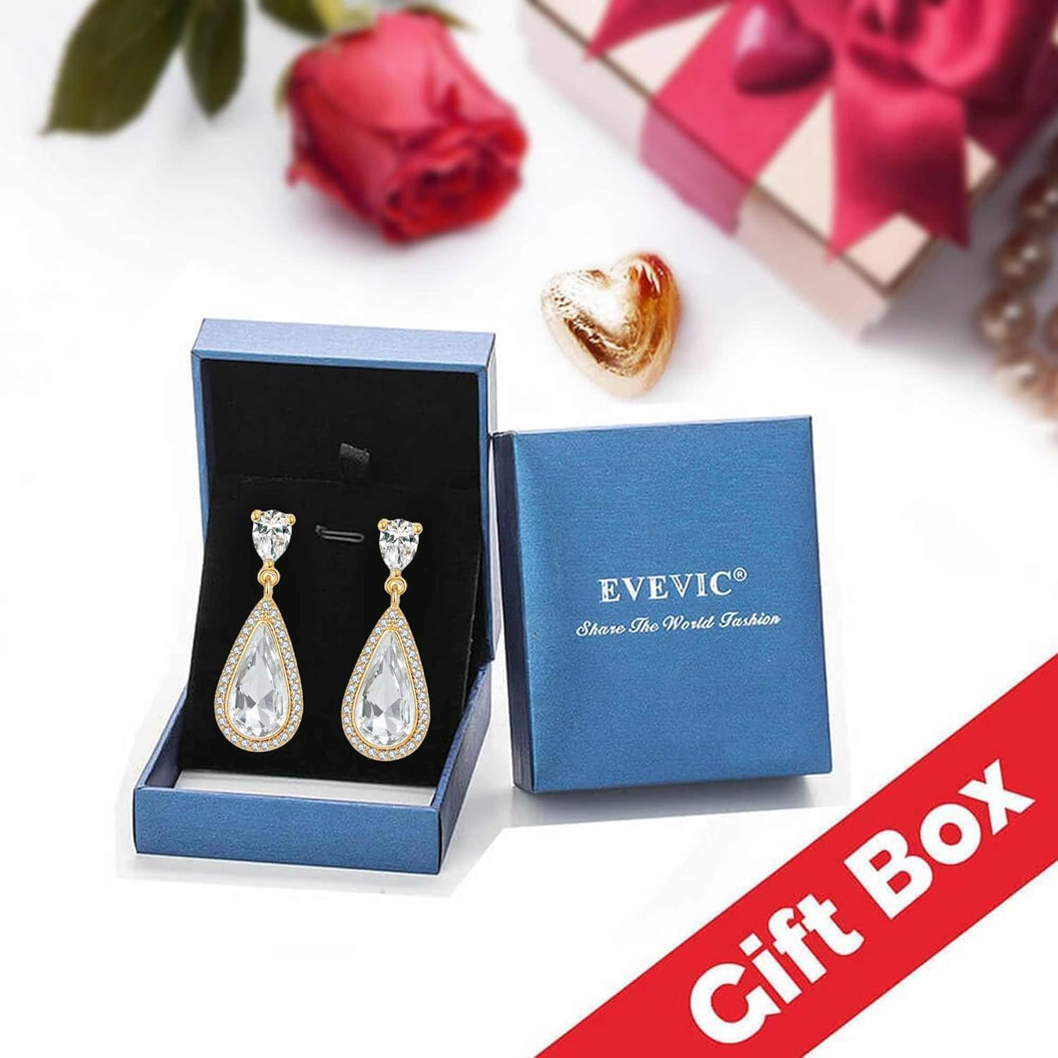 EVEVIC Austrian Crystal Halo Teardrop Dangle Drop Earrings for Women 14K Gold Plated Jewelry Gifts