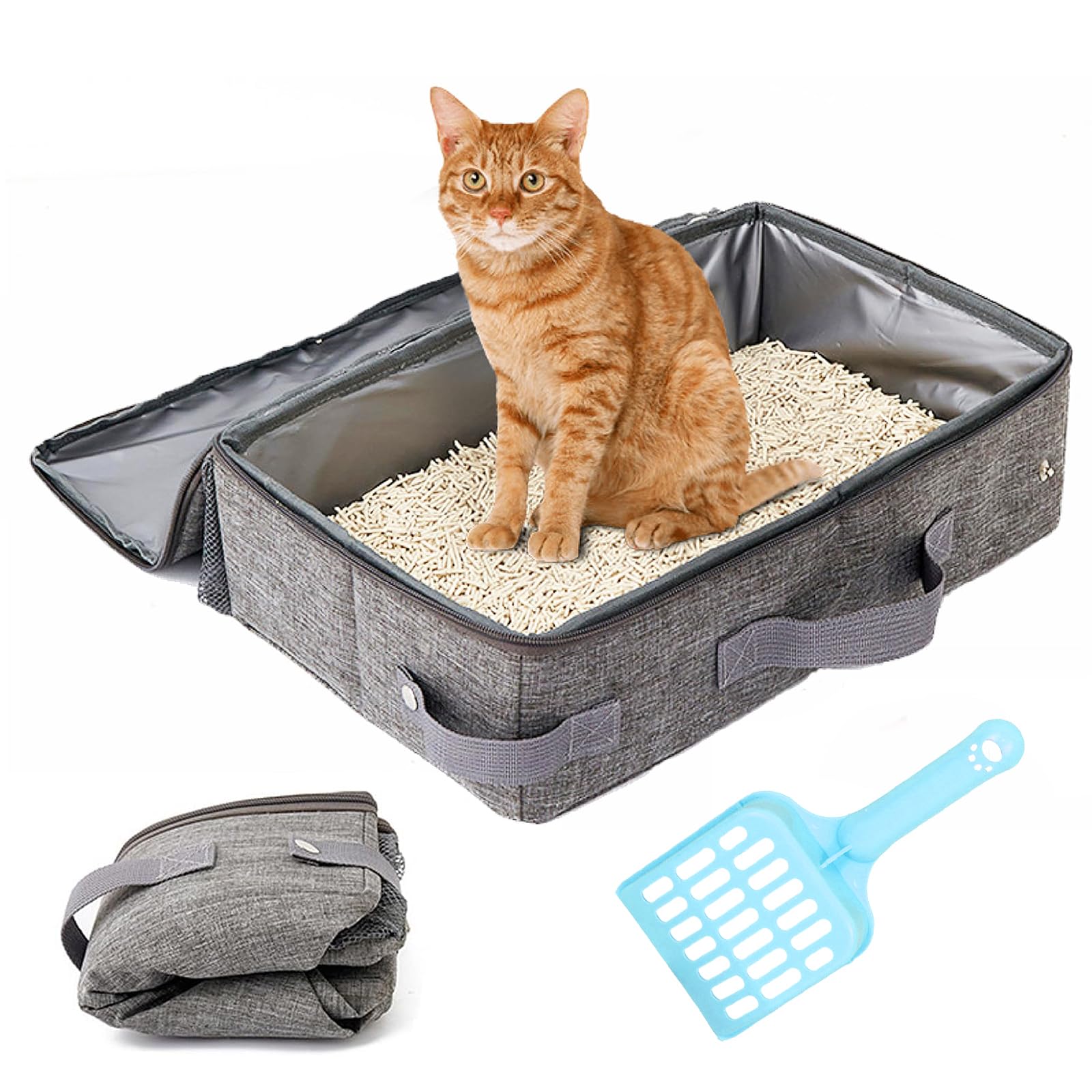 Arenero Portátil Plegable para Gatos, Cat Litter Box Impermeable para Gatos 40 x 30 cm con Filtro y Cremallera, Caja Arena Gato de Tela Oxford para Llevar, en Casa, Camping, Fácil