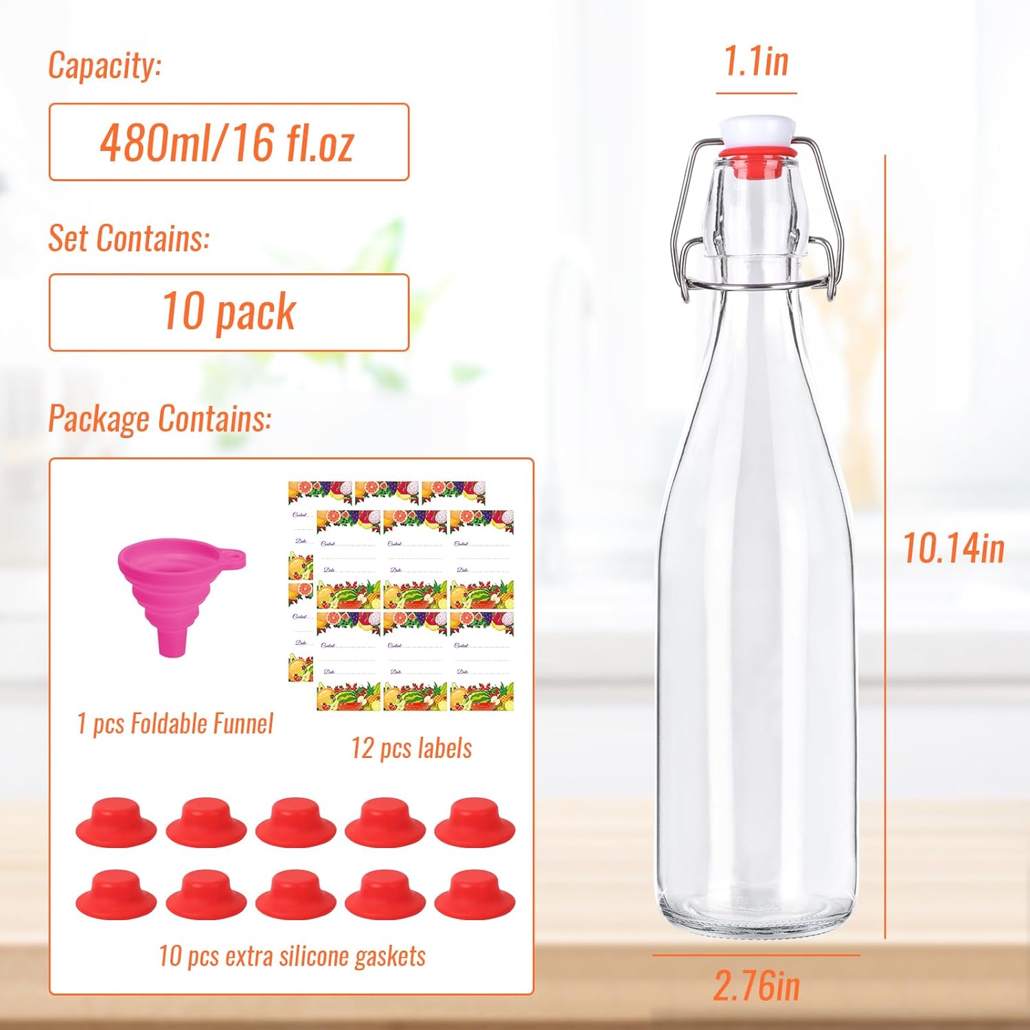 SZUAH Swing Top Glass Bottles 16oz 10Pack, Reusable Glass Bottle with Stopper for Kombucha, Home Brewing,Vanilla Extract, Beer(480ml, Set of 10)