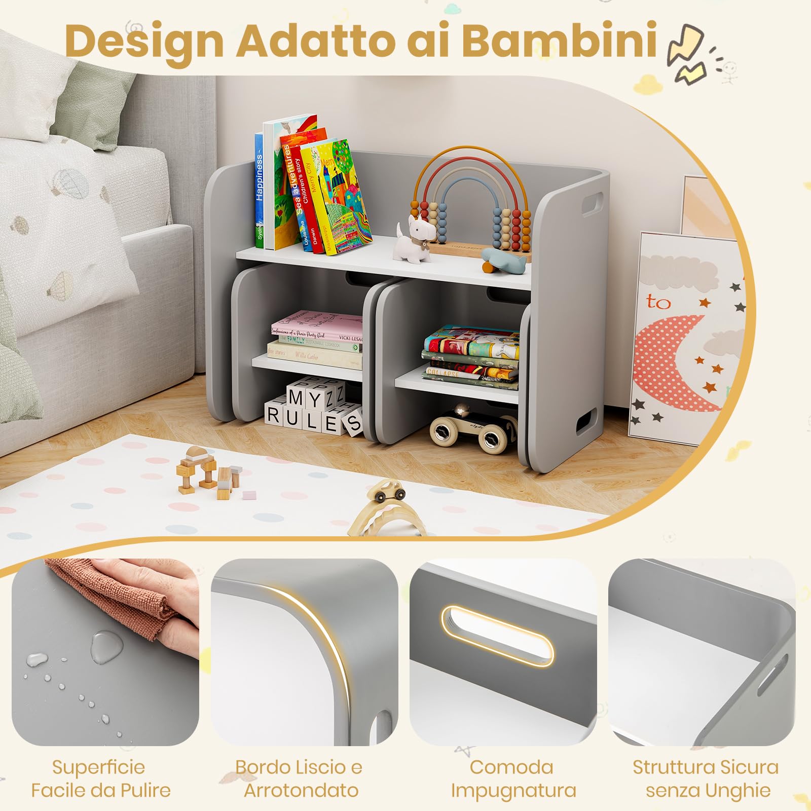 RELAX4LIFE Set da Tavolo e Sedie per Bambini con Design Multiuso, Tavolo/Scrivania/Panca con Schienale/Tavolino Laterale 4 in 1, Salvaspazio, in Legno di Betulla (Grigio)
