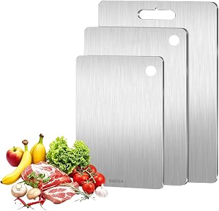 3 Stück Edelstahl Schneidebrett, Doppelseitiges Rutschfest Lebensmittel Grade Schneidebretts, Titan Schneidebrett Set für Fleisch Brot Gemüse Obst (29x20cm, 34x23cm, 39x28cm)
